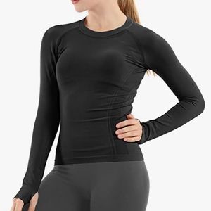 Black Seamless Women Long Sleeve Yoga Tops Sports Breathable Athletic Slim Fit
